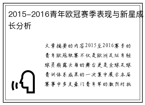 2015-2016青年欧冠赛季表现与新星成长分析